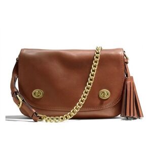 Flawed Gem! Coach Legacy British Tan Leather Double Gusset Turnlock Bag w Tassel